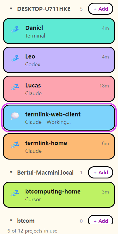 The TermLink session list: three machines — DESKTOP-U711HKE, a Mac mini and btcom — holding Claude, Codex, Cursor and plain terminal sessions side by side, with the working one saying so on its own line.